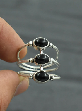 华杰跨境新款时尚个性三层椭圆黑玛瑙设计指环百搭感戒指直销
