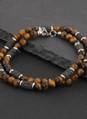 欧美新款虎石天然石男士时尚潮流手工串珠简约黑玛瑙火山石项链