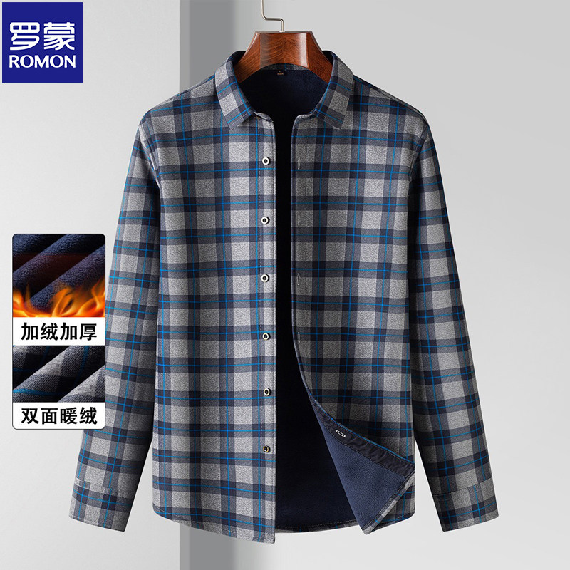 罗蒙加绒加厚格纹长袖衬衫