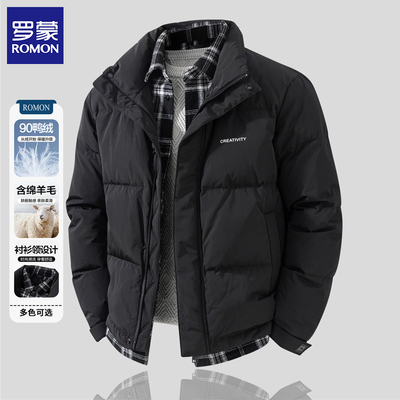罗蒙假两件衬衫领含羊毛羽绒服
