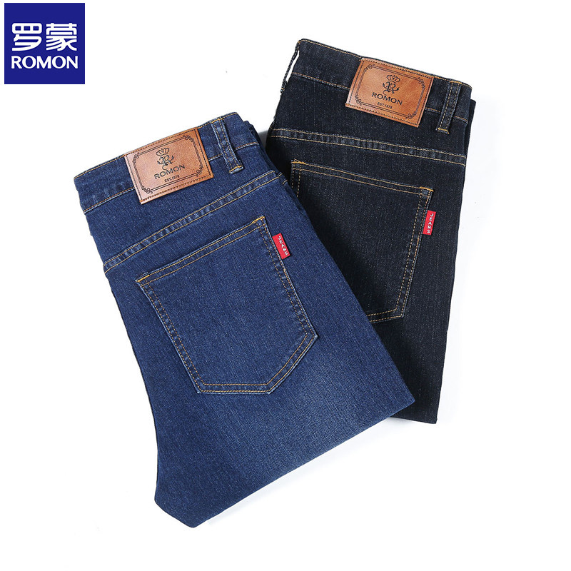 罗蒙简约男士牛仔裤商务休闲品牌logo皮标时尚复古通勤修身长裤子
