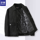 爸爸翻领加厚夹克外套 翻盖口袋短款 罗蒙秋冬男士 灯芯绒羽绒服工装