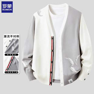 罗蒙秋冬轻羽提花三色织带纽扣门襟V领撞色针织开衫毛衣外套男士