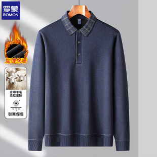 罗蒙秋冬男士 加绒加厚T恤爸爸polo衫 商务保暖红色毛衣长袖 针织衫