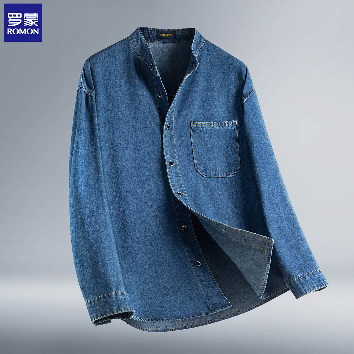 罗蒙牛仔衬衫复古水洗薄款外套休闲春秋男士立领圆领外穿长袖衬衣