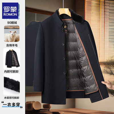 罗蒙可拆鹅绒内胆水貂领毛呢大衣