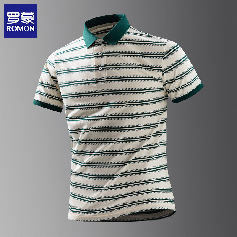 罗蒙撞色条纹短袖POLO衫商务休闲爸爸装翻领夏季下摆开叉针织T恤,男装,Polo衫,淘宝优惠券,粉丝福利购,淘宝优惠卷