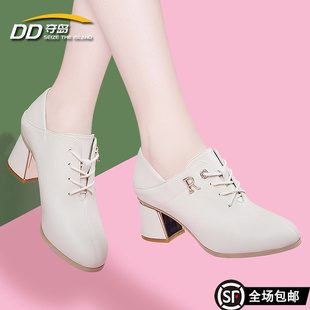 深口单鞋 春秋中跟不累脚粗跟英伦小皮鞋 女2025新款 真皮裸色高跟鞋