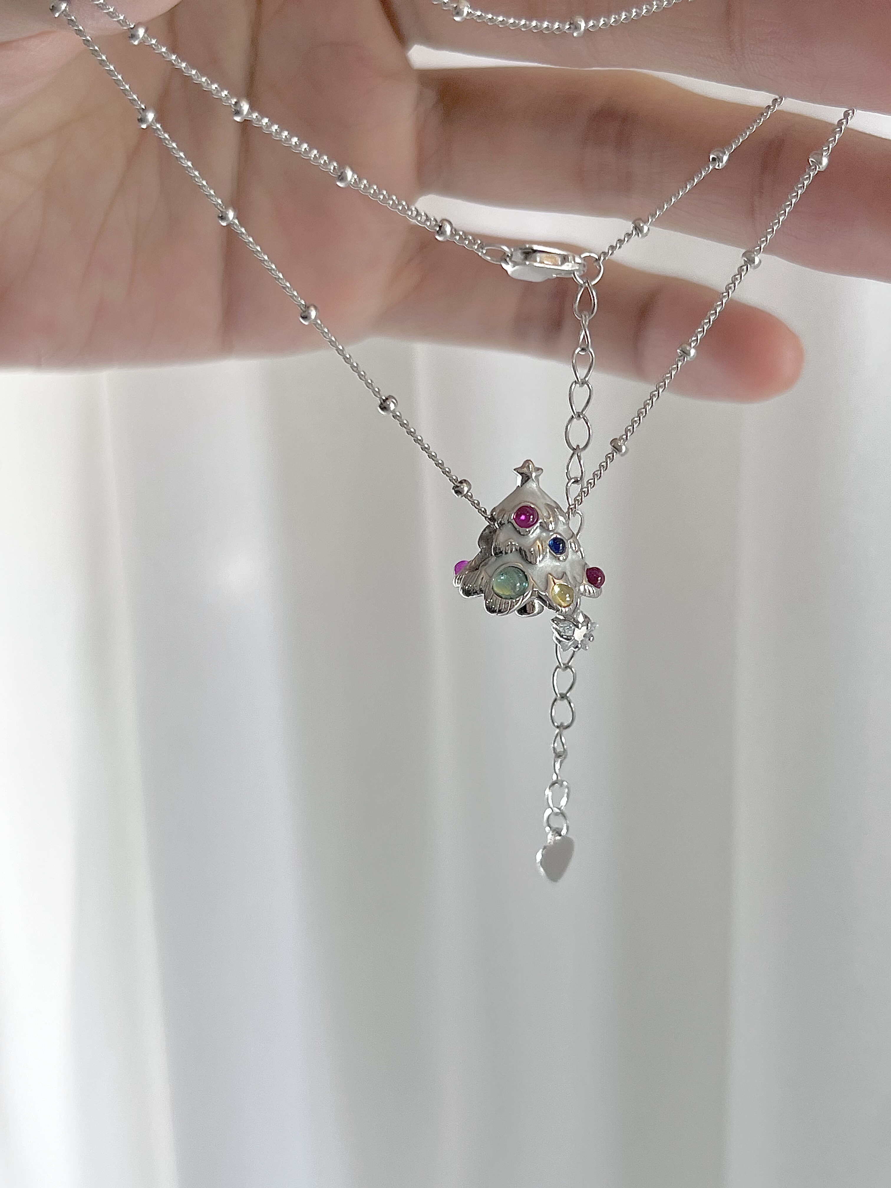 圣诞节氛围感彩色圣诞树项链女925通体银锁骨链小众设计感颈链