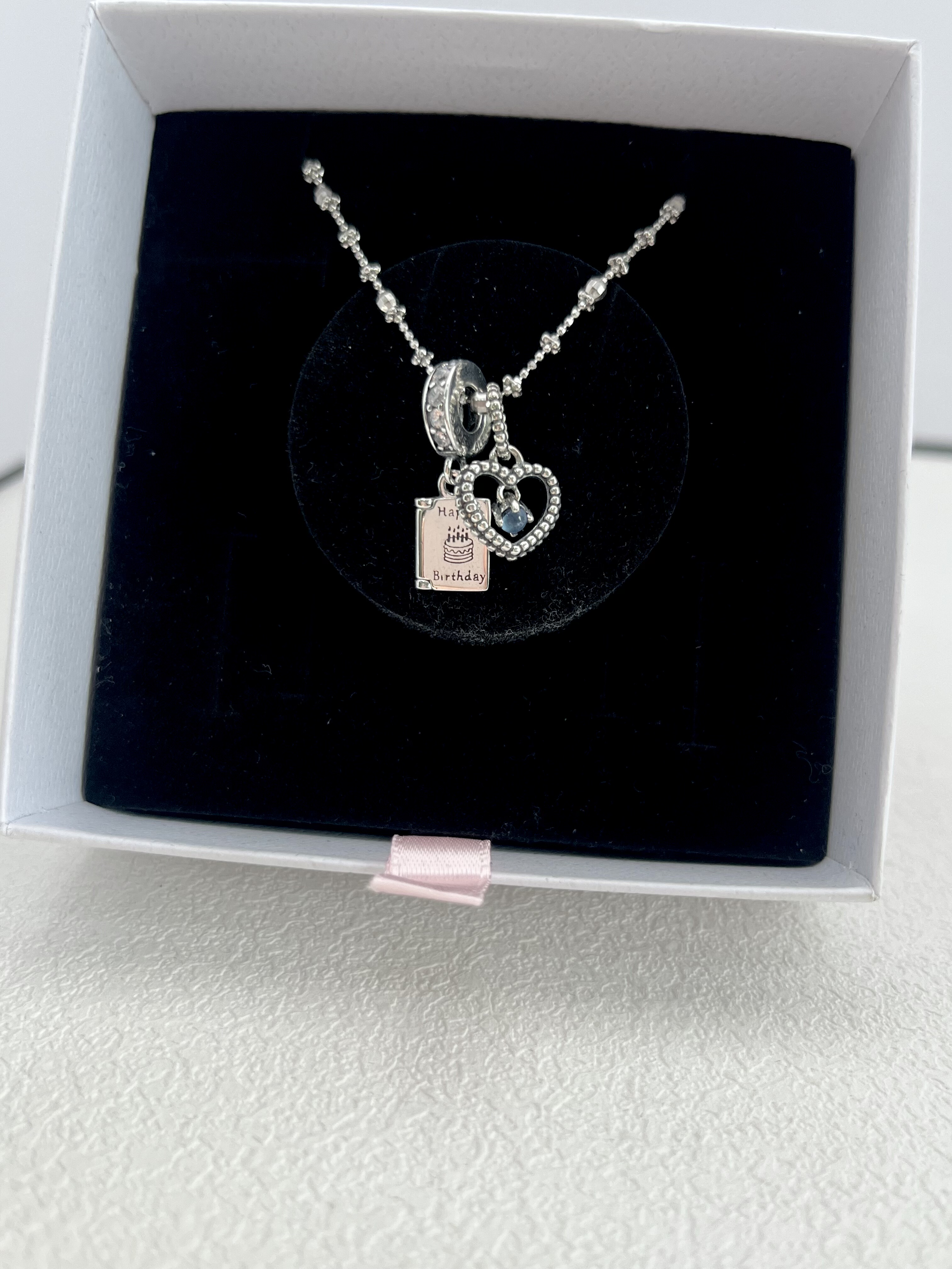 925通体银生日蛋糕吊坠项链 爱心生辰石仙女链 生日礼物套链