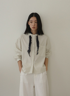 EVERTRUE 2026春季新款韩版圆领宽松显瘦长袖系带上衣衬衫62799