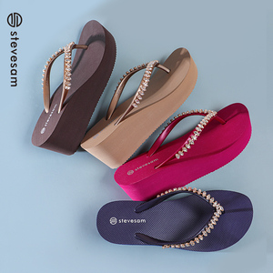 高跟水钻人字拖鞋女外穿新款2023时尚水晶链条厚底沙滩度假凉拖鞋