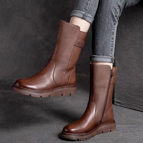 全牛皮秋冬复古真皮中筒马丁靴女
