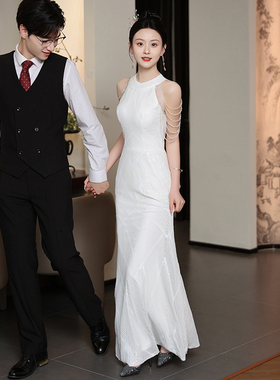白色晚礼服裙女2026新款轻奢高端高级感订婚挂脖敬酒服新娘晨袍夏