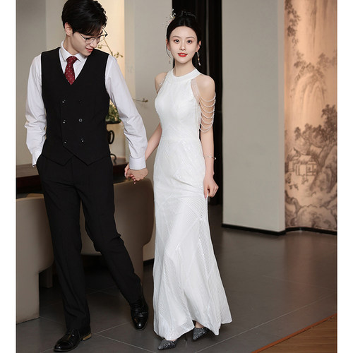 宴会晚礼服白色礼服主持人夏季