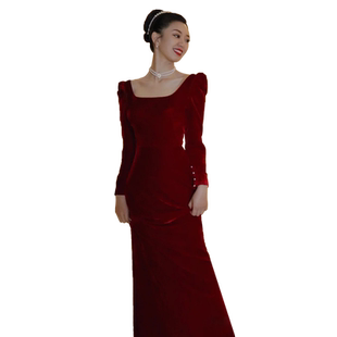 丝绒敬酒服新娘秋冬季订婚礼服裙女法式红色结婚2025新款长袖冬天