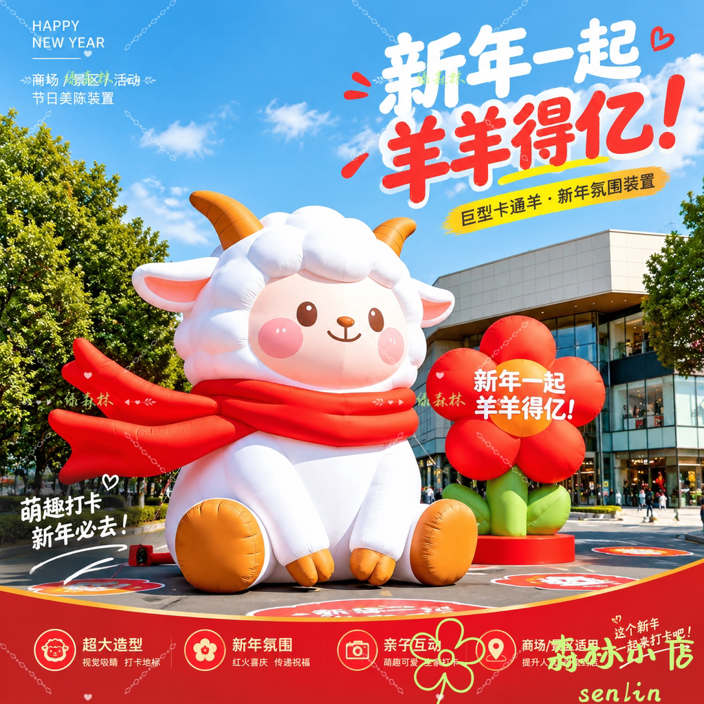 新年小羊造型毛绒公仔充气气模商场景区户外春节限定挂件装饰玩偶