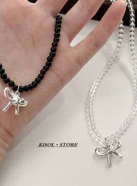 「ins风」韩国小众设计透明水晶串珠蝴蝶结项链气质百搭新款颈链~