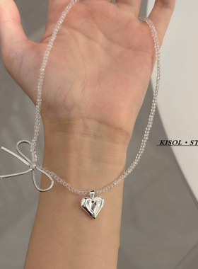 KISOL小众设计透明水晶爱心颈链~