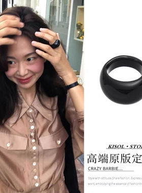 「秋冬款」韩国fever同款黑玛瑙戒指简约气质ins风复古玉石宽指环