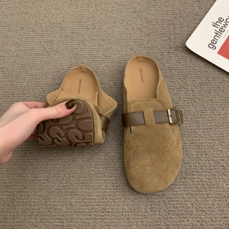 品牌复古森女风厚底真皮勃肯鞋包头半拖鞋女外穿软木底一脚蹬半托