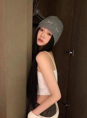 韩国博主同款蝴蝶结针织毛线帽秋冬ins大头围百搭时尚护耳冷帽女