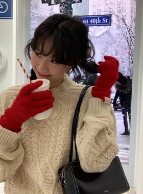 韩国fever同款红色手套冬季ins针织长款保暖纯色新年圣诞五指手套