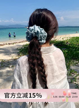 饱满丸子头~韩国潮牌吴昕同款蓝色褶皱大肠发圈头花扎马尾头绳女