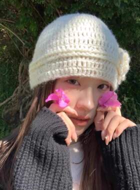神仙藤井树同款钩花朵针织帽子女秋冬ins复古包头帽显脸小毛线帽