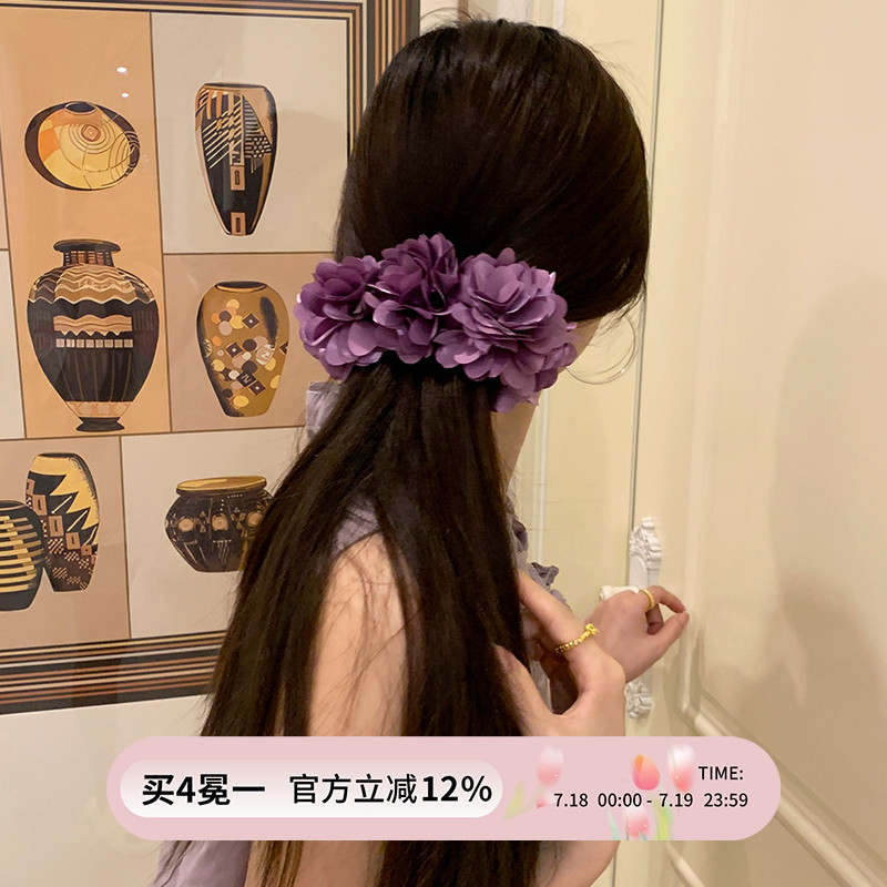 扁头比入~易梦玲同款紫色香蕉发夹温柔气质玫瑰花朵马尾盘发抓夹