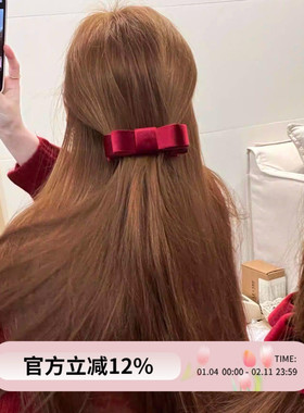 新年东方红色丝绒蝴蝶结香蕉夹高级感喜庆氛围感过年盘发头饰发卡