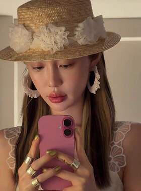 MONA同款花朵草帽女ins风高级感编织平顶法式太阳帽子度假防晒夏