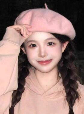 粉色贝雷帽女2025新款秋冬甜美少女大头围显脸小毛呢百搭画家帽子