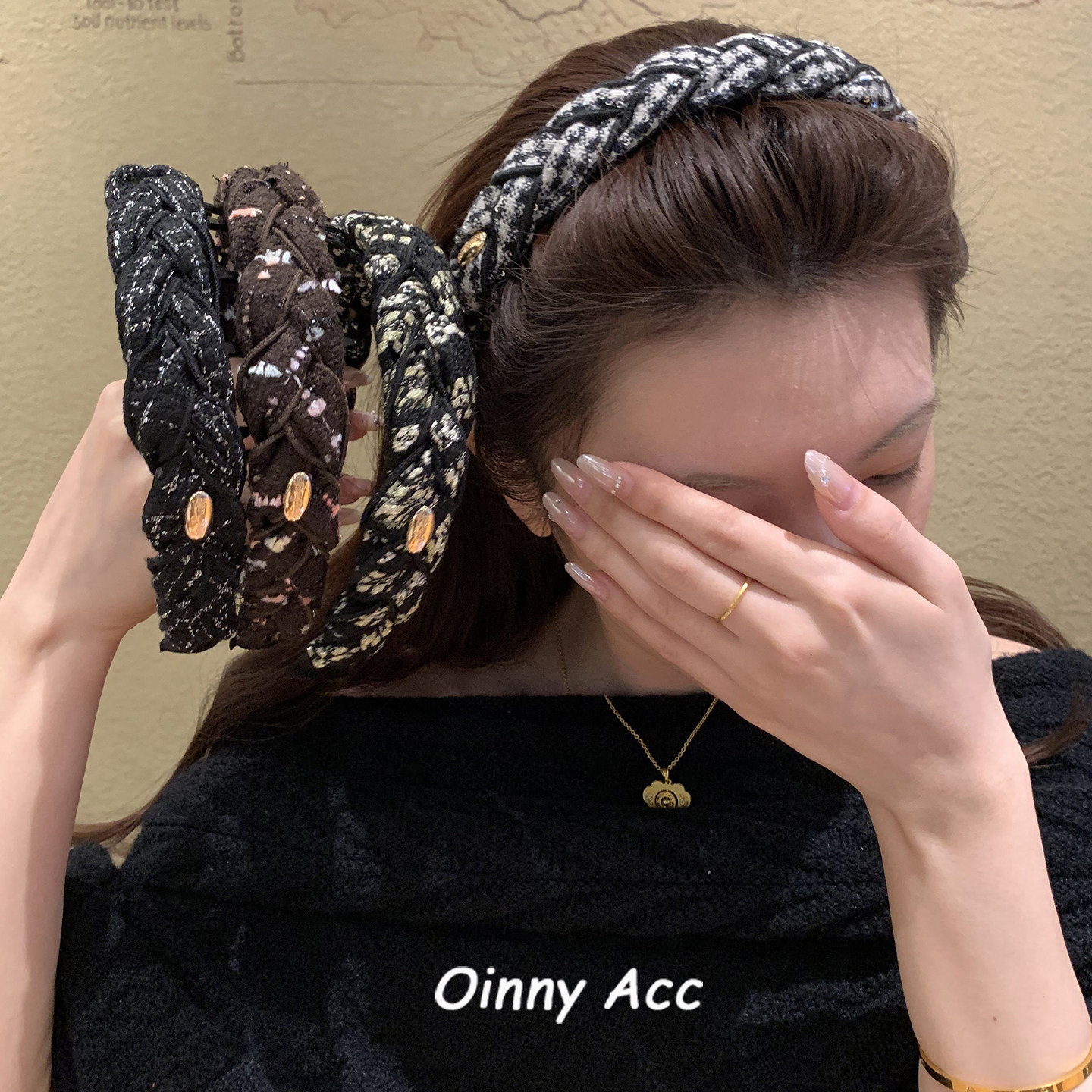 小香风~韩国进口粗花呢编织麻花发箍高级金标高颅顶气质头箍发卡