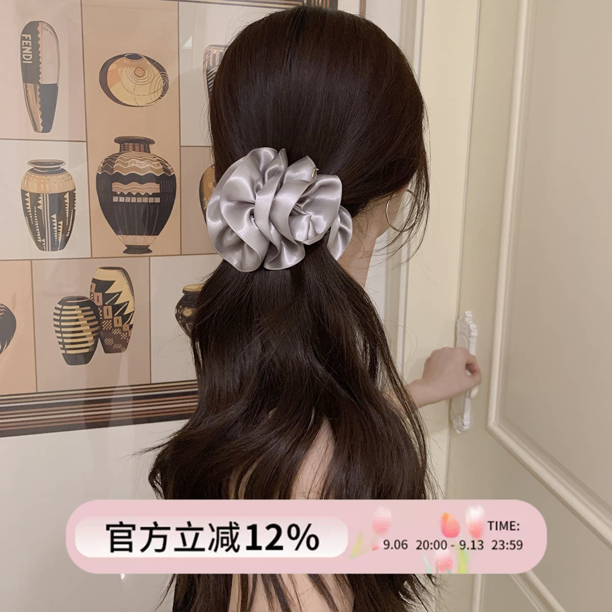 韩国baket灰紫色缎面泡泡花发夹图片