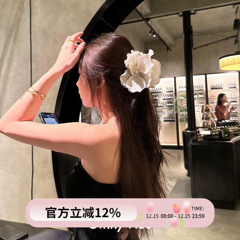 现货高级版~欧阳娜娜白色蝴蝶兰花朵抓夹香蕉夹ins鲨鱼夹度假头饰