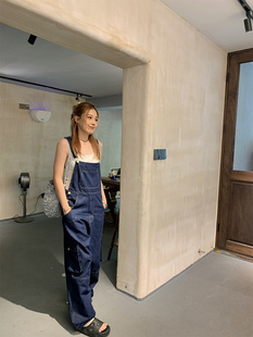 Justalit工装减龄宽松背带裤重工复古蓝深色美式牛仔阔腿直筒夏