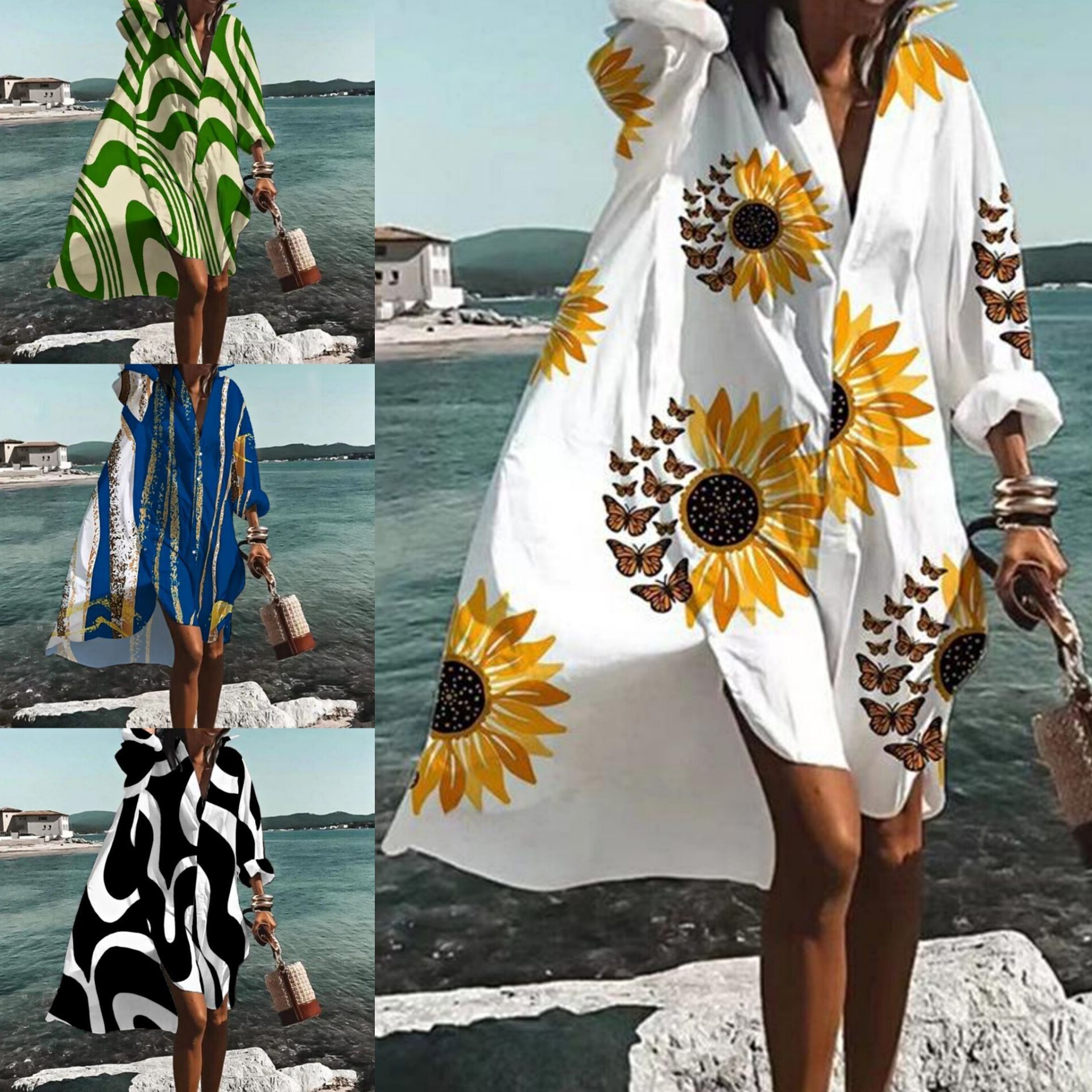 速卖通亚马逊欧美春夏季新款休闲印花连衣裙女宽松腰长袖衬衫裙