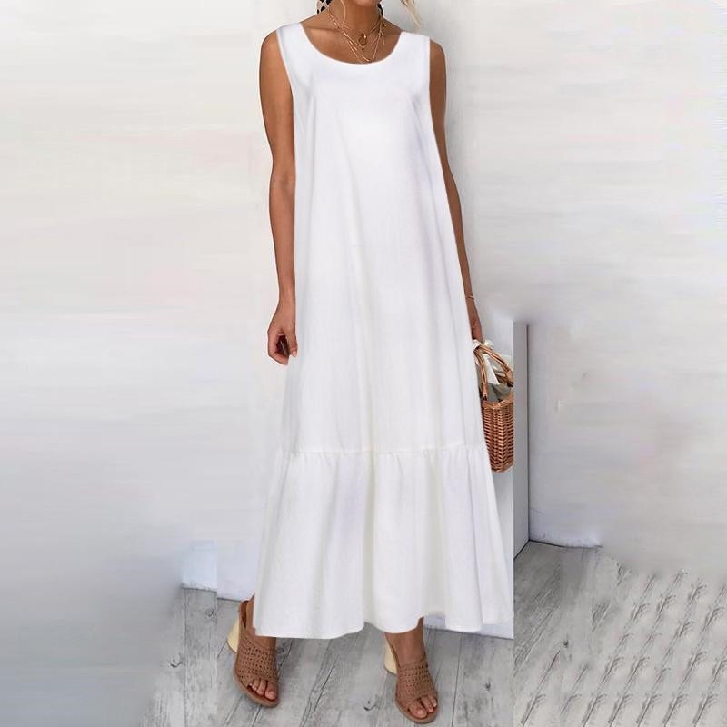 欧美外贸跨境纯色棉麻背心连衣裙无袖加大码女装宽松大摆长裙