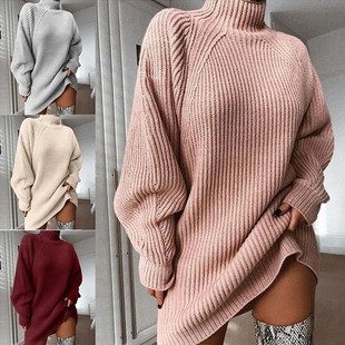 年秋冬季新品爆款针织衫 中长款插肩袖半高领毛衣连衣裙