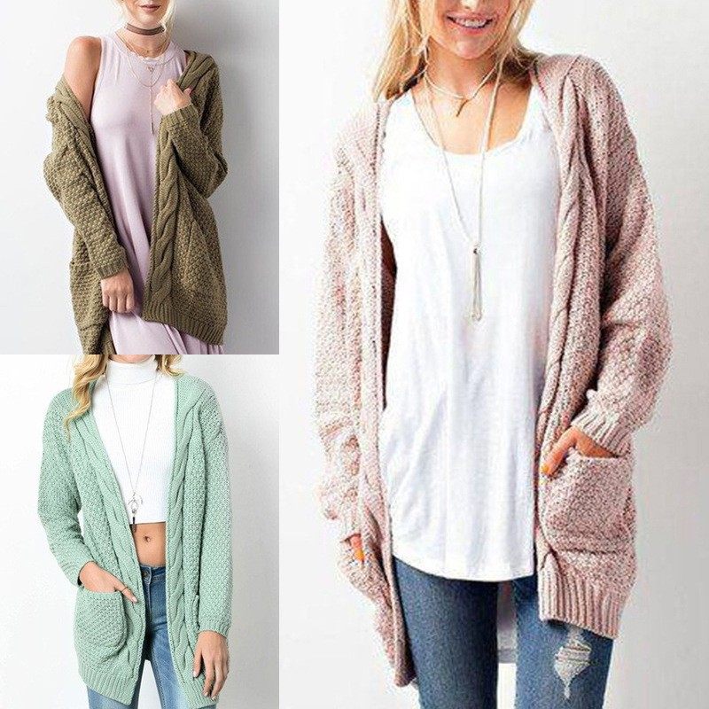 外贸秋冬亚马逊针织衫欧美纯色宽松大码双口袋扭麻花毛衣开衫