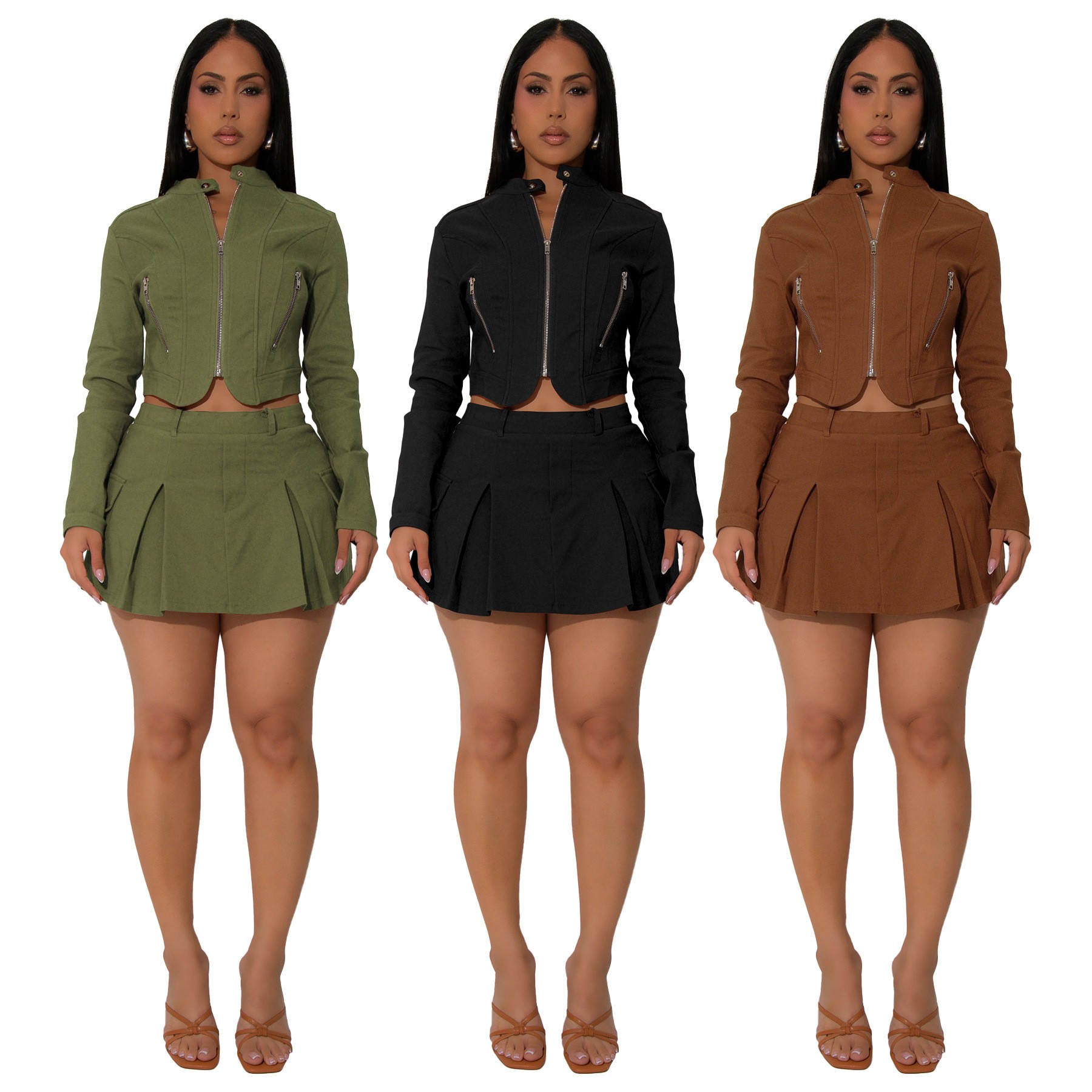 厂家直销亚马逊欧美热卖女装长袖拉链上衣性感短裙两件套新