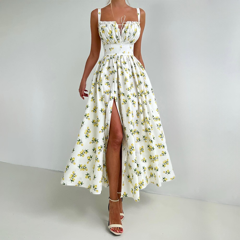 跨境碎花吊带裙欧美夏季新款低领系带高腰开叉高腰印花连衣裙
