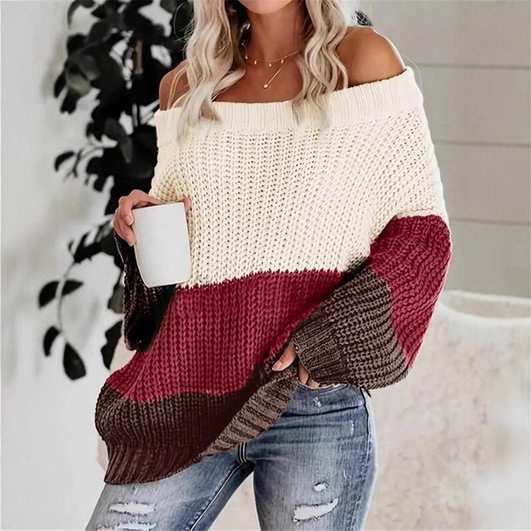 亚马逊欧美跨境秋冬新款一字领露肩拼接撞色宽松百搭针织套头毛衣