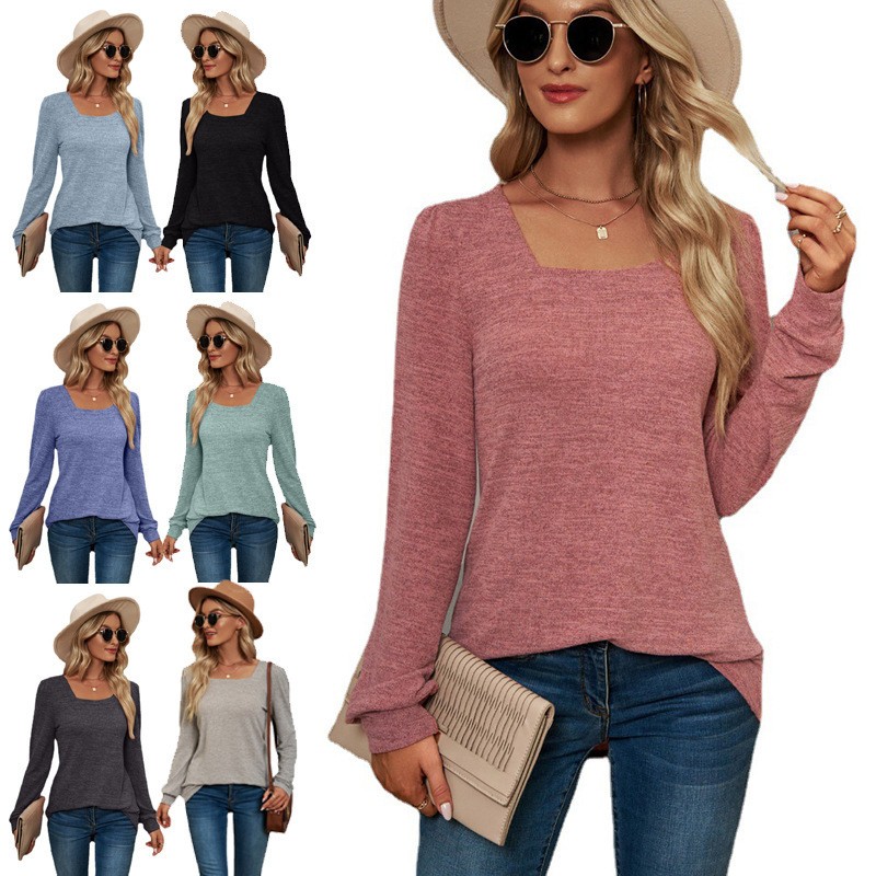 亚马逊秋季外贸新款纯色恤 字领耸肩袖休闲宽松美国站上衣