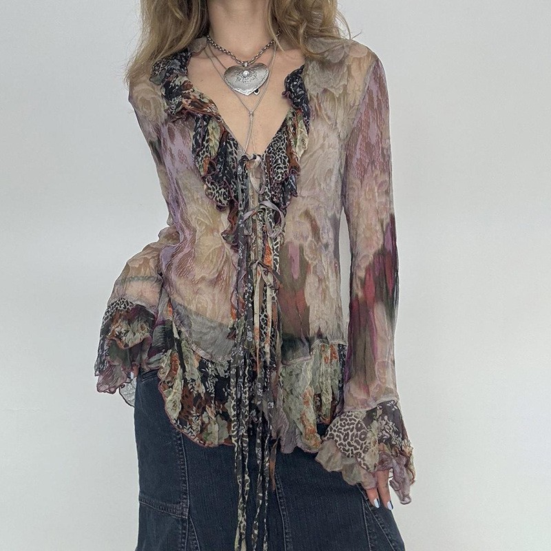 古着感复古网纱印花荷叶边单排扣衬衫女美式废土风设计感新款上衣