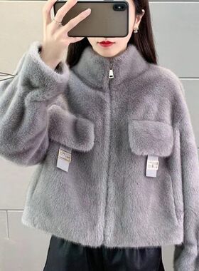 年冬季新款仿皮毛一体仿水貂皮草外套女短款毛绒上衣跨境货源
