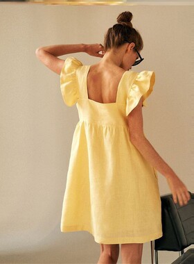 Casual dress women黄色裙子宽松休闲荷叶边飞飞袖连衣裙雪纺裙子