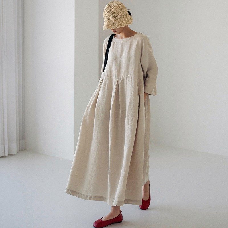 宽松大码连衣裙女胖日系韩版棉麻风圆领套头纯色过膝长裙大摆裙,个性定制/设计服务/DIY,连衣裙加工定制,淘宝优惠券,粉丝福利购,淘宝优惠卷