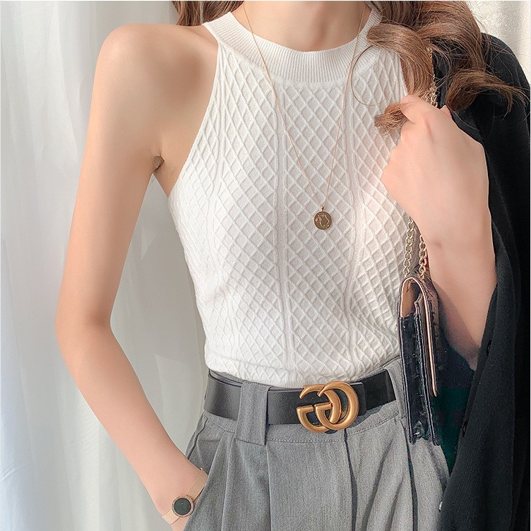 秋冬款时髦洋气挂脖针织吊带女无袖修身显瘦打底衫包芯纱亲肤背心